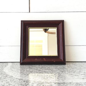 Vintage Mahogany Tone Wood Wall Mirror with Gold Trim, Rustic Farmhouse Decor, Small Square Mirror for Entryway, or Gallery Wall Display