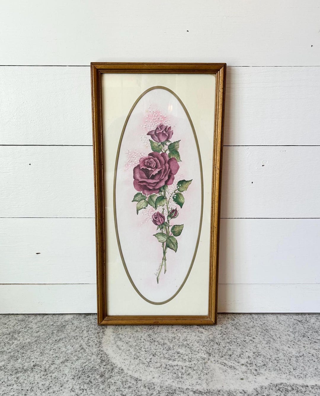 Vintage Botanical Rose Print Gold Wood Frame, Shabby Style Floral Wall ...
