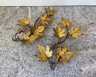 Pair of Vintage Gold Candle Sconce with Gold Leaves, Maple Leaves Mid-Century Boho, Vintage Wall Sconce, Gold Sconce, Vintage Wall Hanging