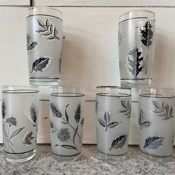 Libbey Silver Leaf Vintage 5oz. Flat Tumbler Frosted Glass Set of 6 | Leaves Barware Shotglass Drinks Liquor Cocktail Entertaining Home