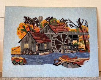 Vintage Crewel Embroidery Needle Pull Latch Hook Wall Textile Art | Large Barn Mill Wheel Autumn Trees Farmhouse Country Cottage MCM Boho