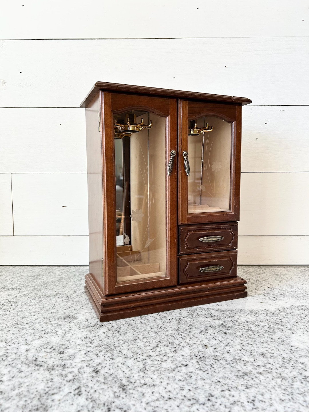 Vintage Armoire Style Jewelry Box W/ Glass Doors, Solid Wood