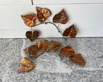 Pair of Autumnal Hues Vintage Metal Leaf Wall Art Sculpture, Mid-Century Decor, Vintage Metal Wall Hanging, Metal Leaves Decor, Copper Leaf