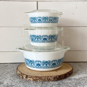 Vintage Pyrex Horizon Blue Round Casserole Set of 6 Pieces 472 473 475, 1960s Pyrex, Vintage Kitchen, Farmhouse Cottage, Gift for Her