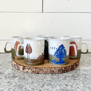 Set of 5 Vintage Japanese Stoneware Coffee Mugs, Rustic Farmhouse Countryside Scene, Mid-Century Cottagecore Collectible Kitchenware