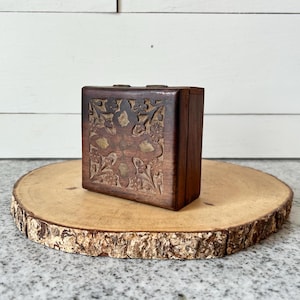 Vintage Hand-Carved Wooden Trinket Box Brass Inlay, Rustic Jewelry Box, Small Keepsake Storage Box, Farmhouse Gift, Gold Accent Wooden Box