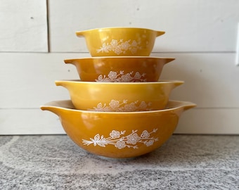 Vintage Butterfly Gold Pyrex Cinderella Complete Mixing Bowl Set of 4 | 441 - 444 Bouquet Orange Yellow Floral 1970s 1980s Gift for Her