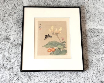 Vintage Asian Silk Painting, Framed Botanical Wall Art with Butterfly & Flowers, Hand-Painted Silk, Japanese or Chinese Style Nature Print