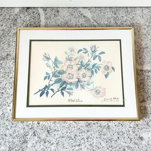 Vintage Juanita Sterchi "Wild Rose" Framed Botanical Print, Brass Frame Floral Wall Art, Shabby Style Cottagecore, Pastel Watercolor Artwork