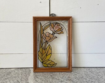 Vintage Botanical Stained Glass Window Panel, Antique Artisan Crafted Amber Floral Decor, Vintage Suncatcher, Rustic Wooden Framed Glass Art