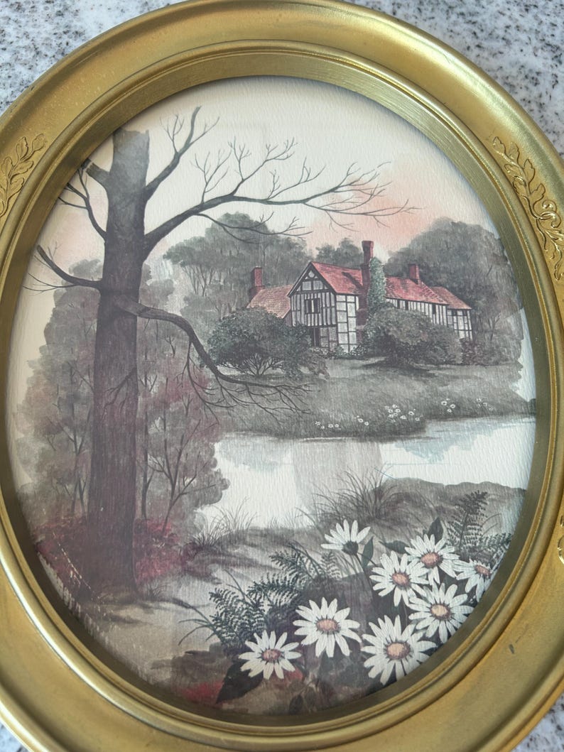 Vintage 1982 Homco Oval Framed Cottage Print, Goldtone Floral Frame W