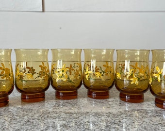 Vintage Amber Glass Forsythia Flat Tumbler Set of 6 by Libbey Glass Company | MCM Barware Glasses Drinks Cocktail Stemless Wine Entertain