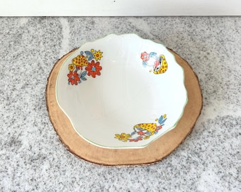 Vintage Retro Mushroom Serving Bowl with Floral Design, Scalloped Edge, 1970s Hand-Painted Ceramic Kitchenware, Boho Home Decor