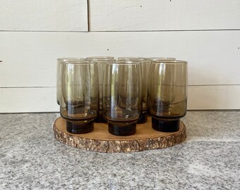 Vintage Libbey Tawny Accent 16 oz Flat Tumbler Set of 9, 1970s Libbey Glass Co. Smoky Glass MCM Barware Drinks Entertain Home Kitchen
