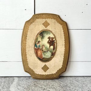 Vintage Florentine Wall Plaque, Wooden Wall Art with Rococo Pastoral Scene, Italian Shabby Style Romantic Accent, French Country Cottagecore