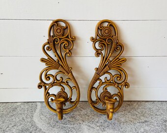 Vintage Pair of Faux Rattan Wicker Candle Sconces by DART Ind. 1978 | Vintage Candelabra Wall Sconce Bohemian Boho Wall Hanging Home Decor