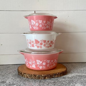 Gooseberry Pink Vintage Pyrex Round Casserole Set of 6 Pieces | 1950s 1960s 473-475 | Flowers Berries MCM Birthday Gift Wedding Gift For Her