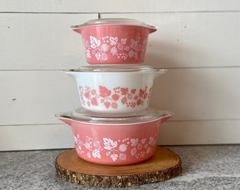 Gooseberry Pink Vintage Pyrex Round Casserole Set of 6 Pieces | 1950s 1960s 473-475 | Flowers Berries MCM Birthday Gift Wedding Gift For Her