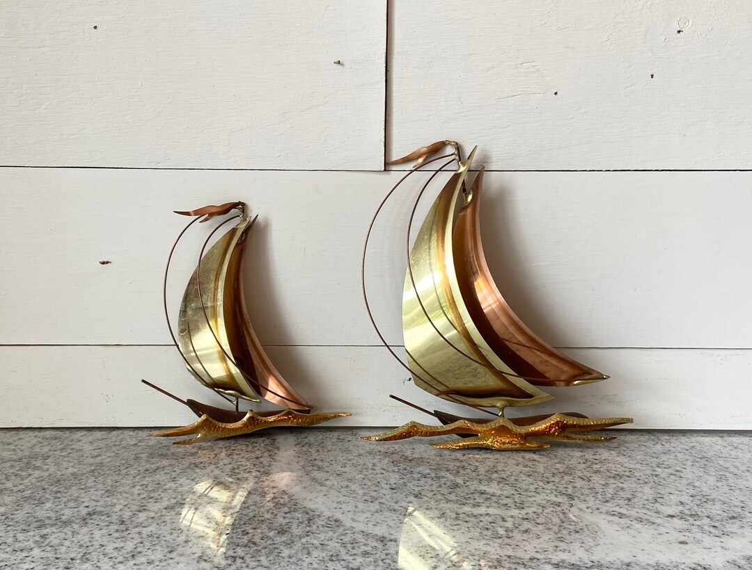 Vintage Midcentury Modern Brass and Copper Tone Sailboat Wall Hangings