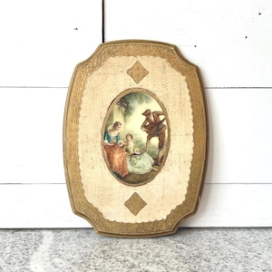 Vintage Florentine Wall Plaque, Wooden Wall Art with Rococo Pastoral Scene, Italian Shabby Style Romantic Accent, French Country Cottagecore
