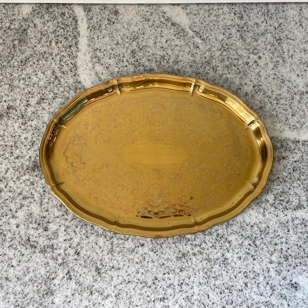 Vintage Brass-Tone Embossed Metal Serving Tray, Antique Floral Scroll Design Decorative Oval Tray, Elegant Home Décor and Tabletop Accessory