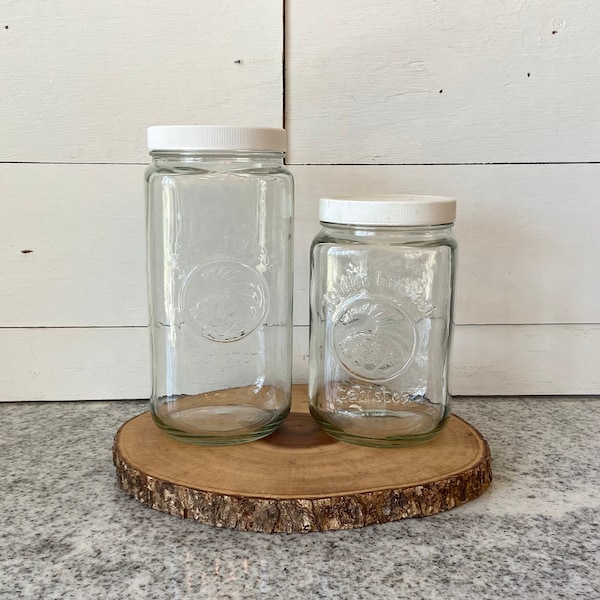 Pair of Vintage Golden Harvest Glass Mason Jar Style Canisters Screw on Plastic Lids Small Size 9.25" & 7.25" Vintage Kitchen Pantry, Rustic