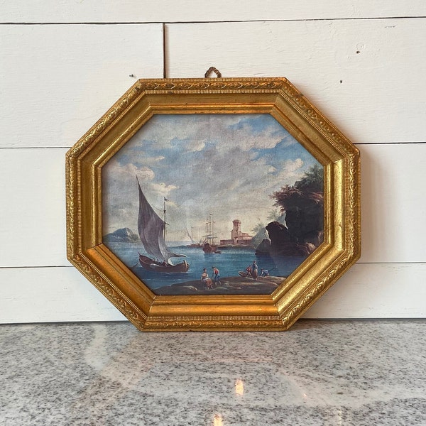 Vintage Italian Seascape Art Print with Gold Gilt Octagonal Wooden Frame, Antique Style Wall Art Collectible, Italian Wall Decor, Victorian