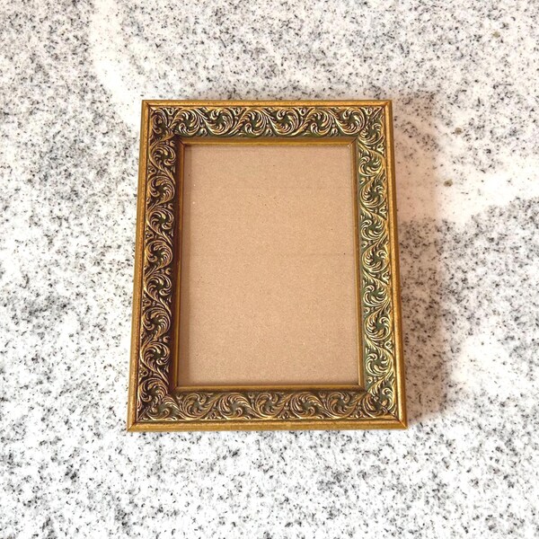 Vintage 5x7 Ornate Gold Picture Frame, Baroque Scroll Wall Hanging Frame with Green Patina, Hollywood Regency Photo Display