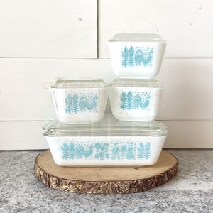 Amish Butterprint Vintage Pyrex Complete Refrigerator Set 8 Pieces 501 502 503 1960s, Turquoise Aqua Farmhouse Cottage, Wedding Gift