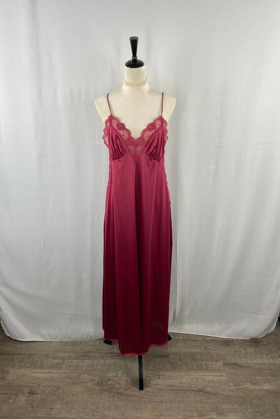 Vintage JCPenney Magenta Satin Nightgown Lace Det… - image 1