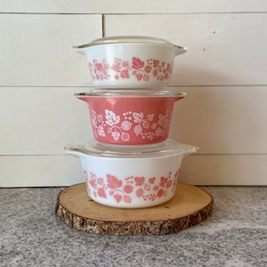 Gooseberry Pink Vintage Pyrex Round Casserole Dish Set 6 Pieces | 1950 1960 472-474 | Flower Berries MCM Christmas Gift Birthday Gift