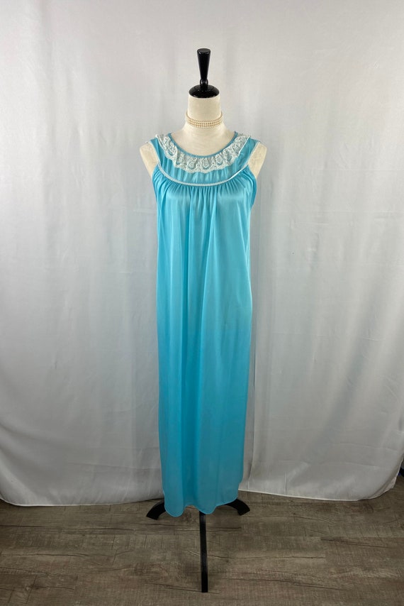 Vintage Aqua Nightgown with Lace Detail, Elegant … - image 1
