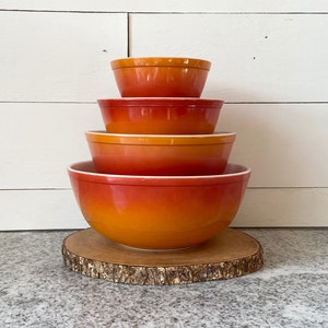 Vintage Pyrex Flameglo Complete Mixing Bowl Set 401 - 404, 1970s Pyrex, Vintage Kitchen, Ombre Pyrex, Wedding or Birthday Gift