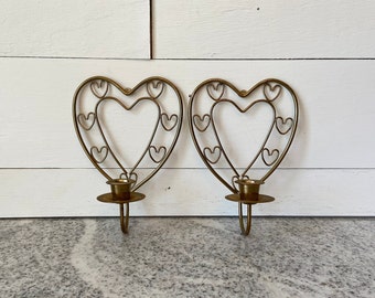 Pair of Vintage Heart-Shaped Metal Wall Candle Sconces, Romantic Shabby Home Decor, Antique Finish Candlestick Sconce, Rustic Farmhouse Wall