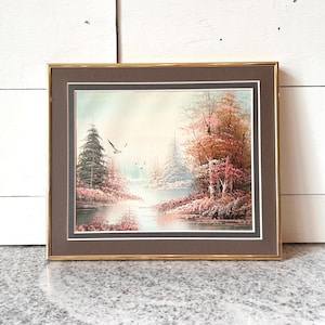 Vintage Framed Landscape Painting Signed, Snowy Forest River Scene with Birds, Original Canvas Art in Gold Frame, 1980s Cabin Wall Decor