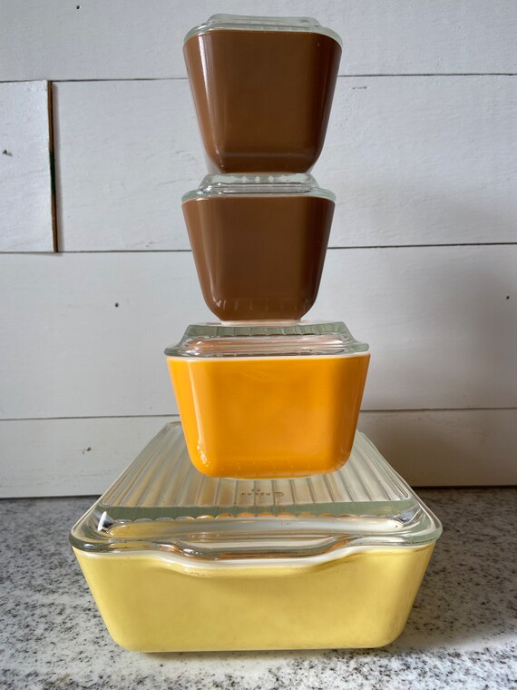 Town Country Vintage Pyrex Complete Refrigerator Set 8 Pieces 501 502 503 1960s Orange Yellow Brown Fridge Farmhouse Cottage Space Saver