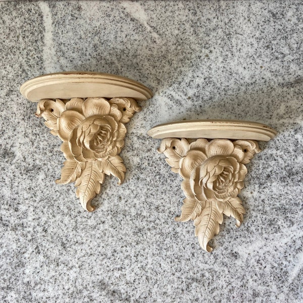 Pair of Vintage Syroco Wood Floral Wall Shelves, Distressed Cream Baroque Design, MCM Decorative Wall Mount Shelf, Antique Shabby Home Decor