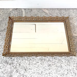 Vintage Gold Filigree Vanity Mirror Tray, Ornate Hollywood Regency Brass Perfume Tray with Velvet Backing, Mid Century Dresser Décor