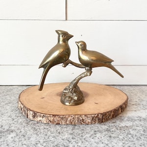 Vintage Solid Brass Bird Figurine, Mid Century Brass Bird Pair on Tree Branch, Woodland Home Decor, Bird Lover Gift, Brass Animal Sculpture