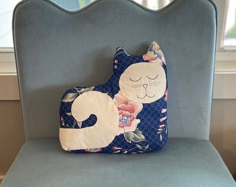 Whimsical Handmade Cat Shaped Throw Pillow with Navy Blue and Pink Florals, Cat Lover Decor Gift, Housewarming, Primitive, Kitschy, Cottage