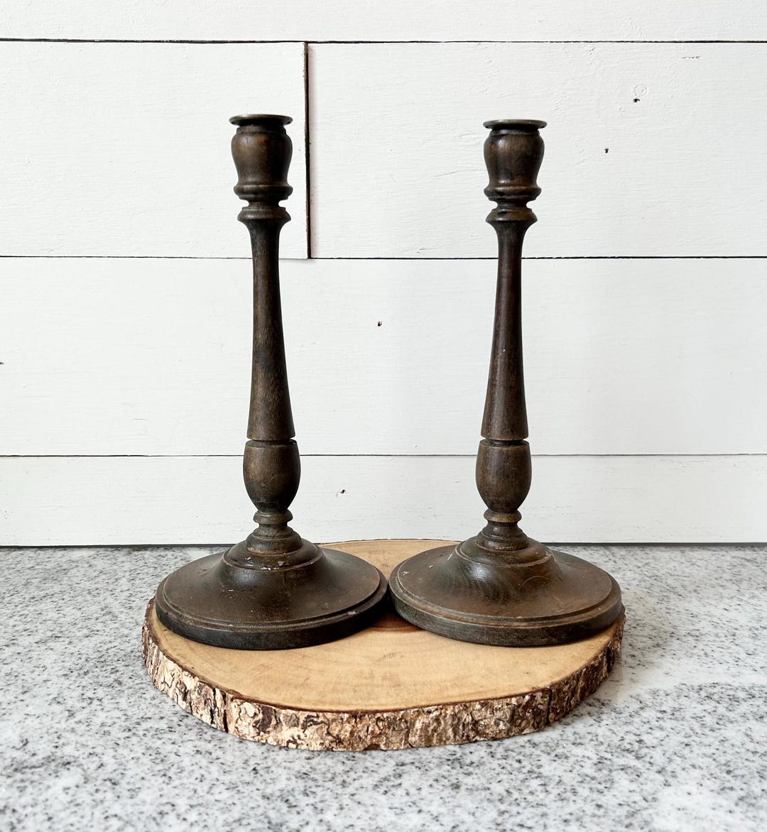 Pair of Vintage Wooden Candle Holders With Turned Wood Design, Rustic ...