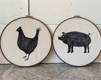 Embroidery Hoop Wall Art Home Decor Chicken Pig | Angry Animals Modern Farmhouse Cottage Handmade Needlepoint Cross Stitch Mothers Day Gift