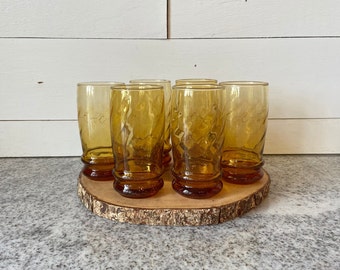 Vintage Libbey Gold Amber Tumbler Glasses 12 oz. Set of 6 | Vintage Amber Glasses Ridged Foot | Vintage Bar Cocktails Drinks Barware