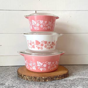 Gooseberry Pink Vintage Pyrex Round Casserole Set of 6 Pieces | 1950s 1960s 473-475 | Flowers Berries MCM Birthday Gift Wedding Gift For Her