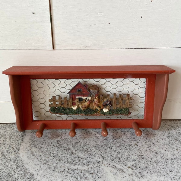 Rustic Farmhouse-Inspired Wall Shelf with Chicken Coop Scene Red Barn and Hanging Pegs, Country Kitchen Wall Decor, Key Hanger, Kitschy