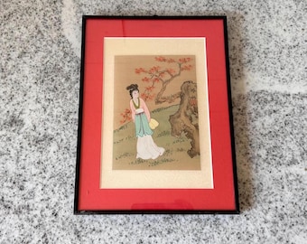 Vintage Japanese Silk Painting, Framed Geisha Art Print with Red Mat, Asian Wall Decor, Mid Century Oriental Style, Signed Silk Artwork