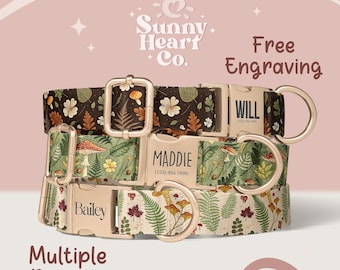 May include: Three dog collars with floral and mushroom patterns. The collars are personalized with names and phone numbers. The text "Sunny Heart Co." and "Free Engraving" are visible. The collars have gold-colored hardware.