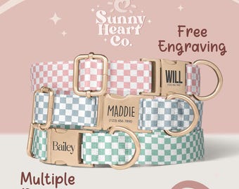 May include: Three dog collars with gold-colored buckles and D-rings. The collars are pink, blue, and green with a checkered pattern. Each collar has a name engraved on the buckle: "Will", "Maddie", and "Bailey". The text "Free Engraving" and "Multiple Designs" are also visible.