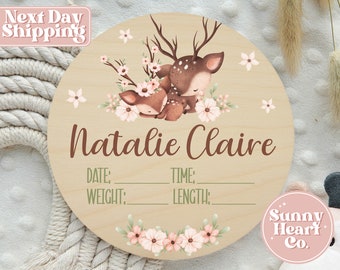 Buck Deer Baby Boy Birth Announcement Stat Sign - Newborn Wildlife Round Name Sign - Personalized Wooden Birth Stat Sign Gift BS-403