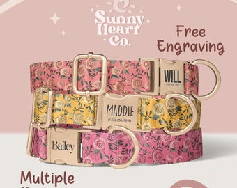 May include: Three personalized dog collars with floral patterns in pink and yellow. Each collar features a gold-colored buckle and a name plate with a dog's name engraved. The collars are stacked, showcasing different designs and the option for free engraving.